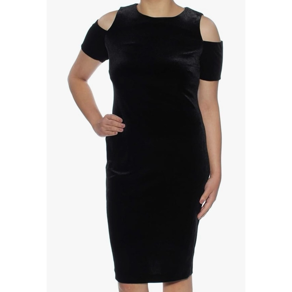 Another Story velvet cold shoulder dress black below the knee cocktail party S